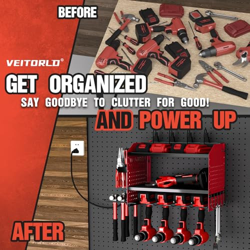 Power Tool Organizer with Charging Station, 4 Drill 3 Layer Red W/Outlets