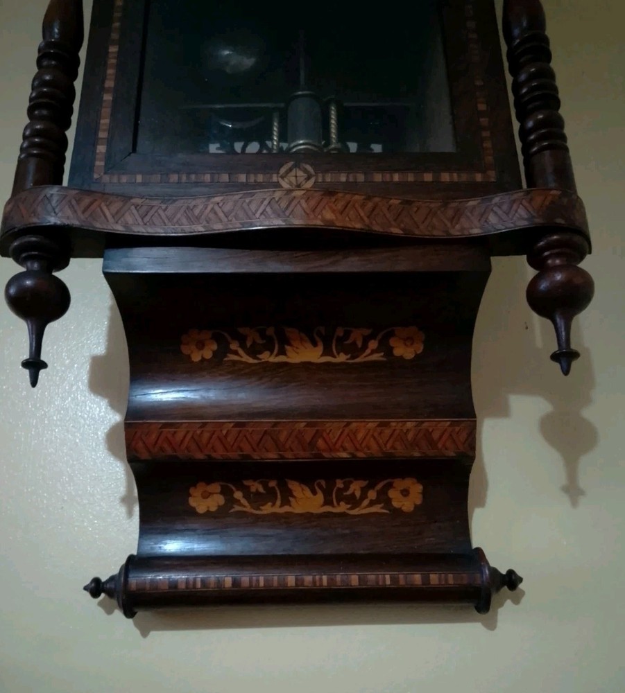Antique New Haven Marquetry Drop Dial Wall Clock Working Order