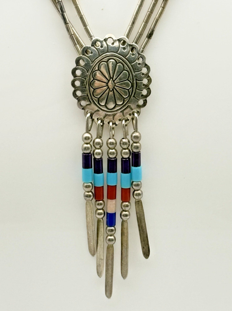 Native American Navajo Liquid Silver Multi-Stone Concho Necklace