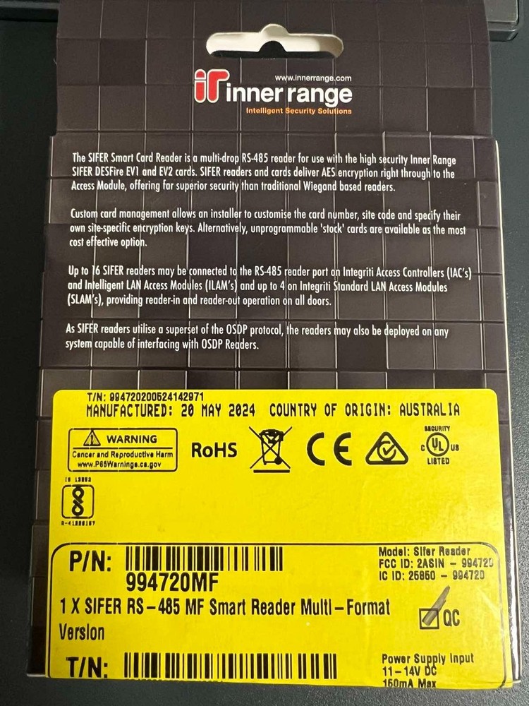 Inner Range INTG-994720MF SIFER Smart Card Reader - Multi Format Version