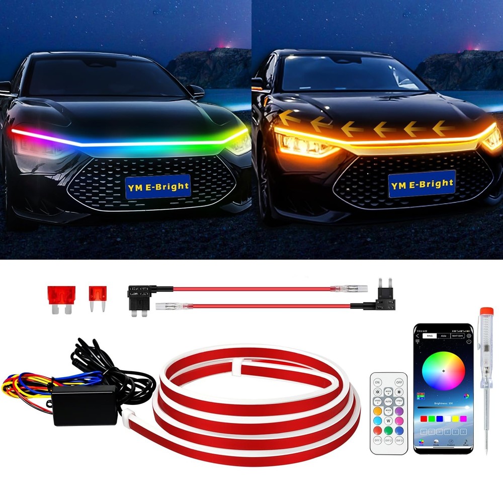 RGB Hood Light Strip with Sequential Turn Signal Indicator Function Waterproo...