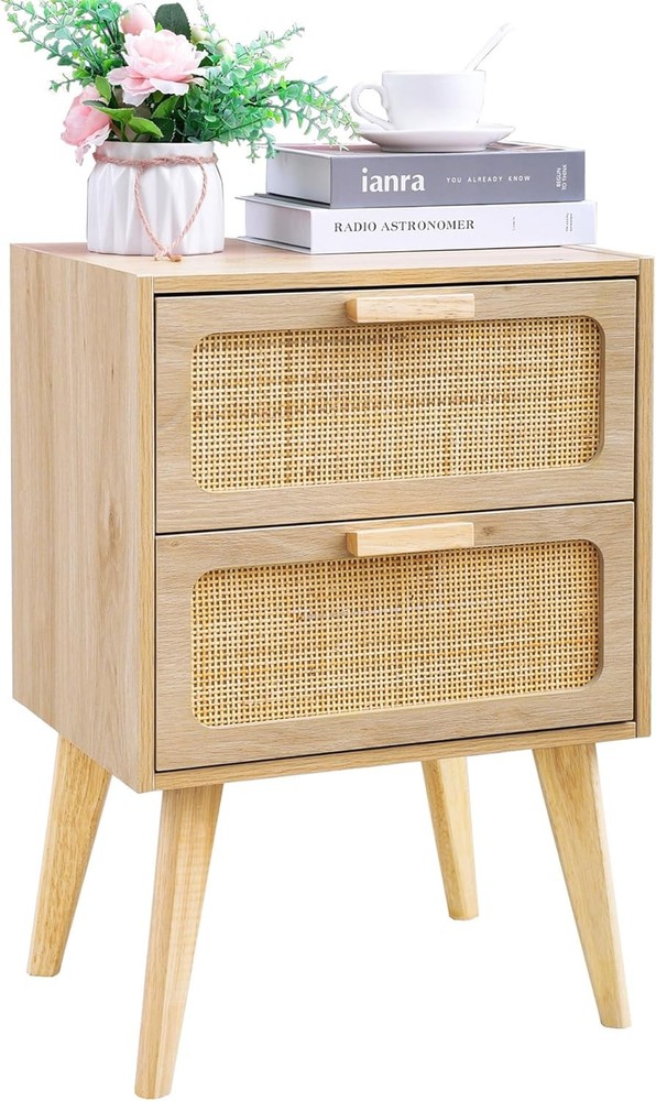 Rattan Nightstand,Boho Bedside with Storage,End Table,Side - Natural