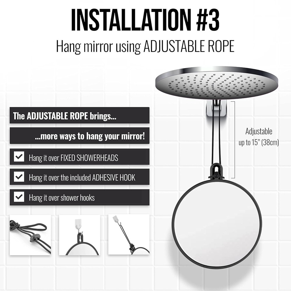 Small shaving shower mirror, hooks, suction cups, adjustable length rope