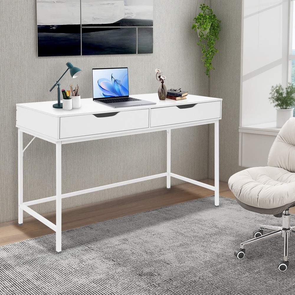 Computer Desk with 2 Drawers & Metal Frame Modern Study Writing Office Table
