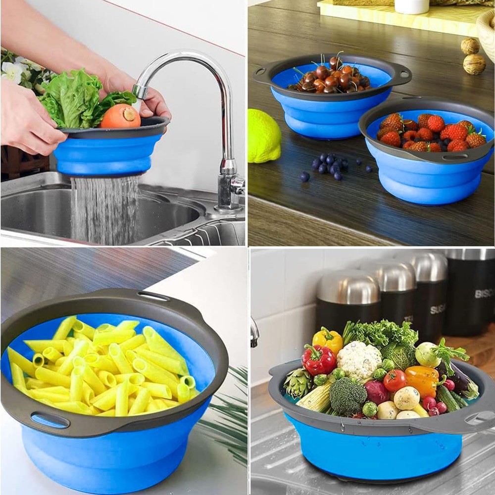 Foldable Colander Set, 2 PCS Grade Silicone Strainer, Blue
