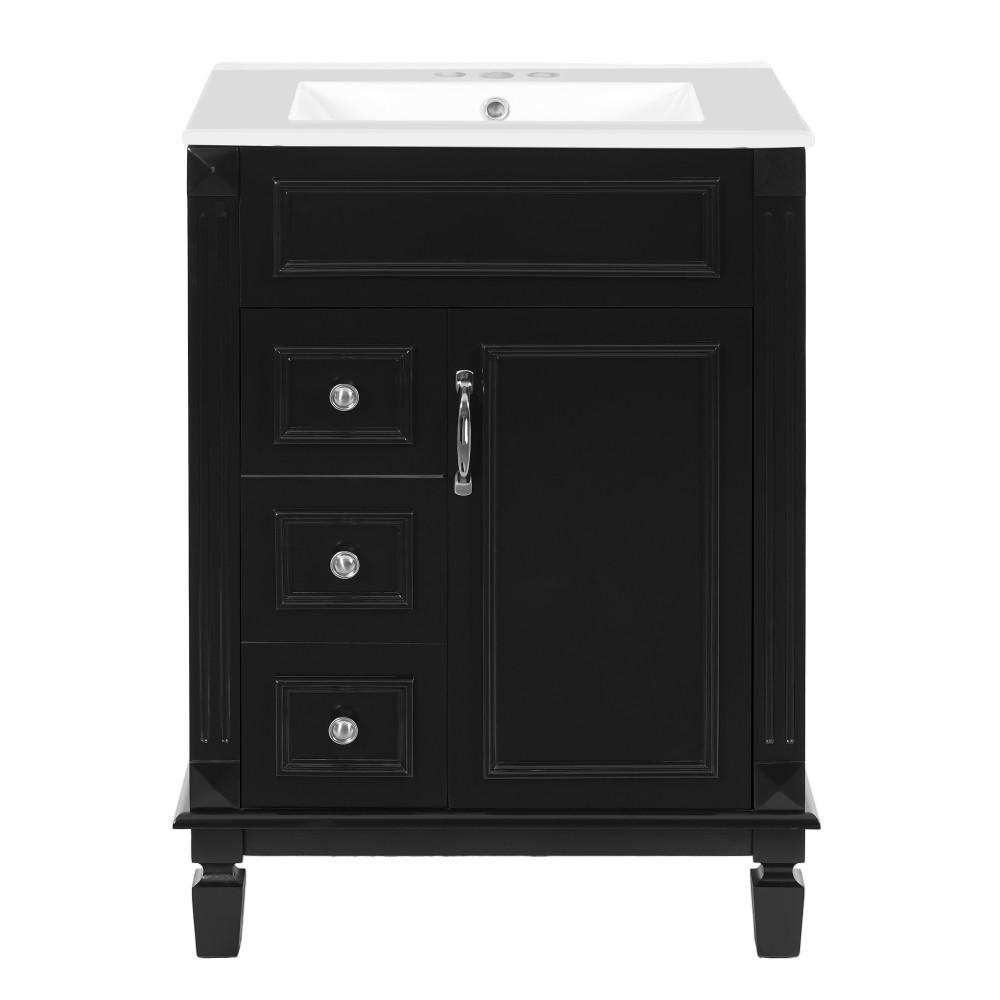 Bathroom vanity W ceramic sink Features two drawers Includes adjustable shelves