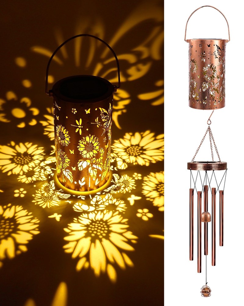 Butterfly Solar Wind Chimes - Metal Sunflower Windchimes with Lantern Outside...