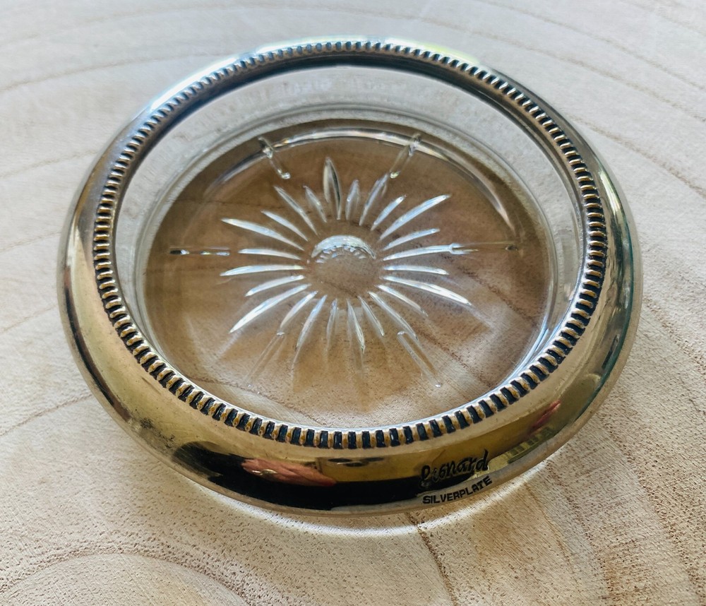 Vintage Leonard Silverplate and Glass Coaster Starburst Pattern