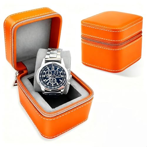 Premium PU Leather Single Watch Case - Compact Travel Storage with Orange