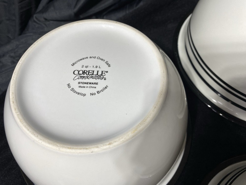 Set 3 Corelle Coordinates Stoneware Mixing Bowls 1,2,3 Quart Black Stripe