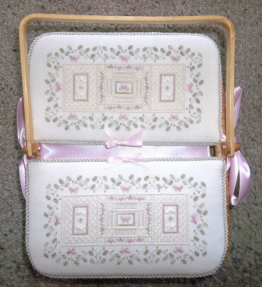 Large WICKER BASKET w/Cross Stitched 2-Sided Lid Plus Handle