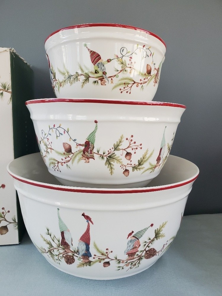 Pottery Barn Forest Gnome Three Mixing Bowls Nesting 3 pc Set with Original Box