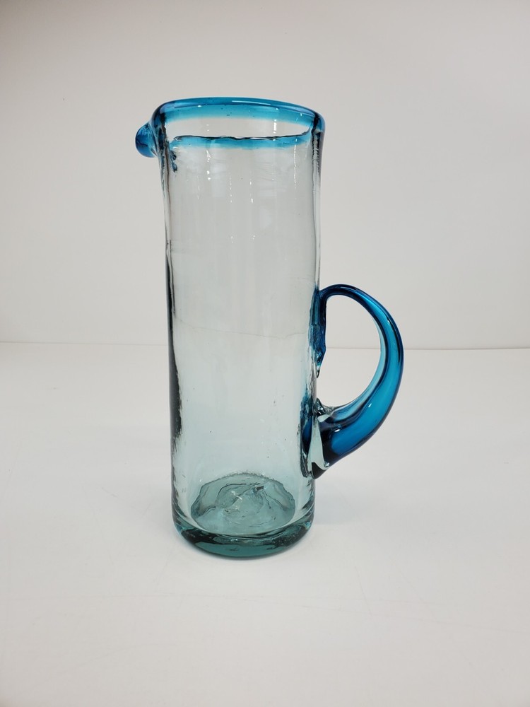 Handblown Tall Blue Heavy Glass Pitcher
