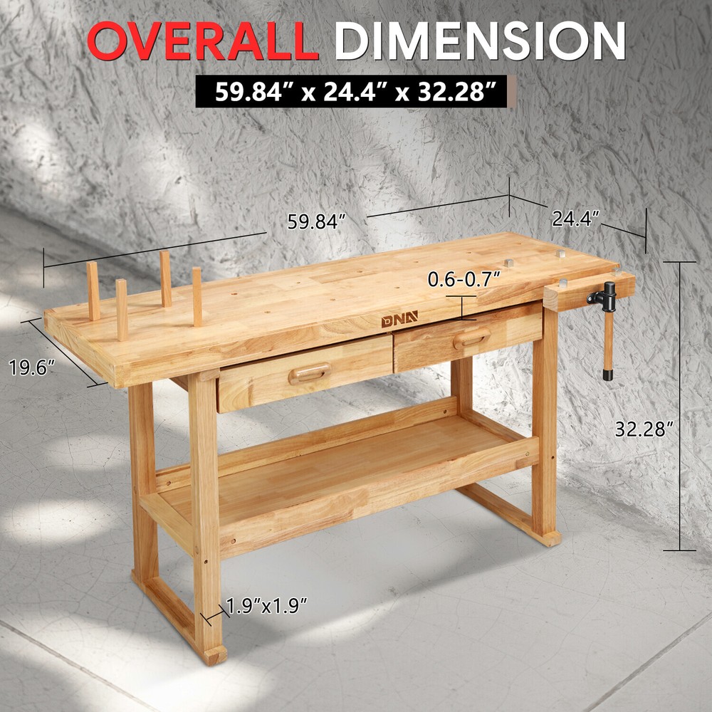 60" x 25" Heavy Duty Oak Workbench Work Table w/ 2 Drawers & Adjustable Handle