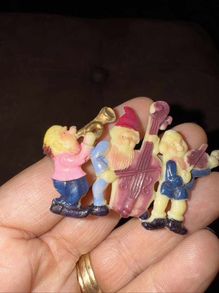 Vintage Elf Pixie Playing Musical Instruments Pin C Clasp 2 1/2" Occupied Japan
