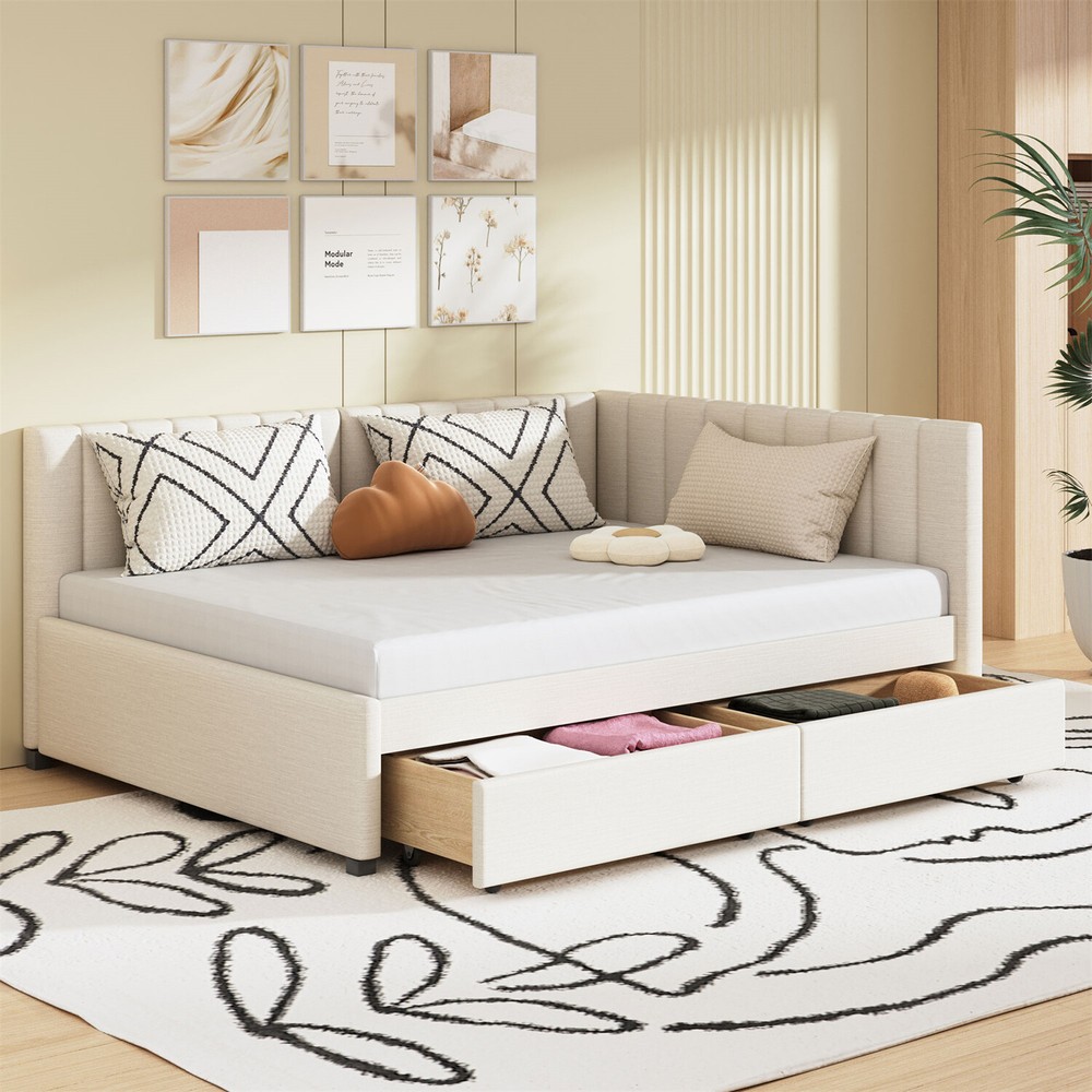 Full Size Daybed Upholstered Bed Frame Sofa Bed w/ 2 Storage Drawer Beige