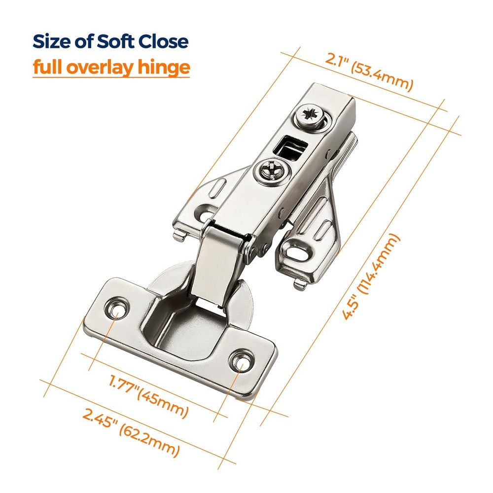 2 Pack Concealed Hinges, Kitchen Cabinet Soft Close, Full Overlay, Silver