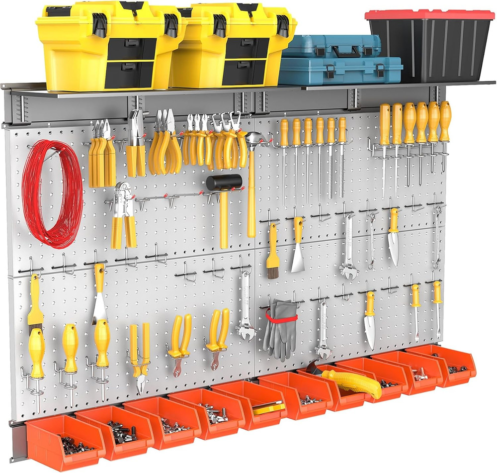 Metal Pegboard Tool Organizer with Hooks, Bins & Shelves - Grey