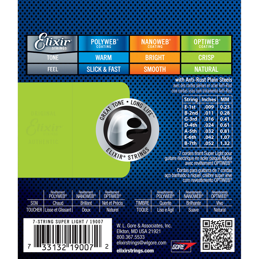 Elixir 19007 Optiweb Coating Electric Guitar Strings 7-String Super Light (9-52)