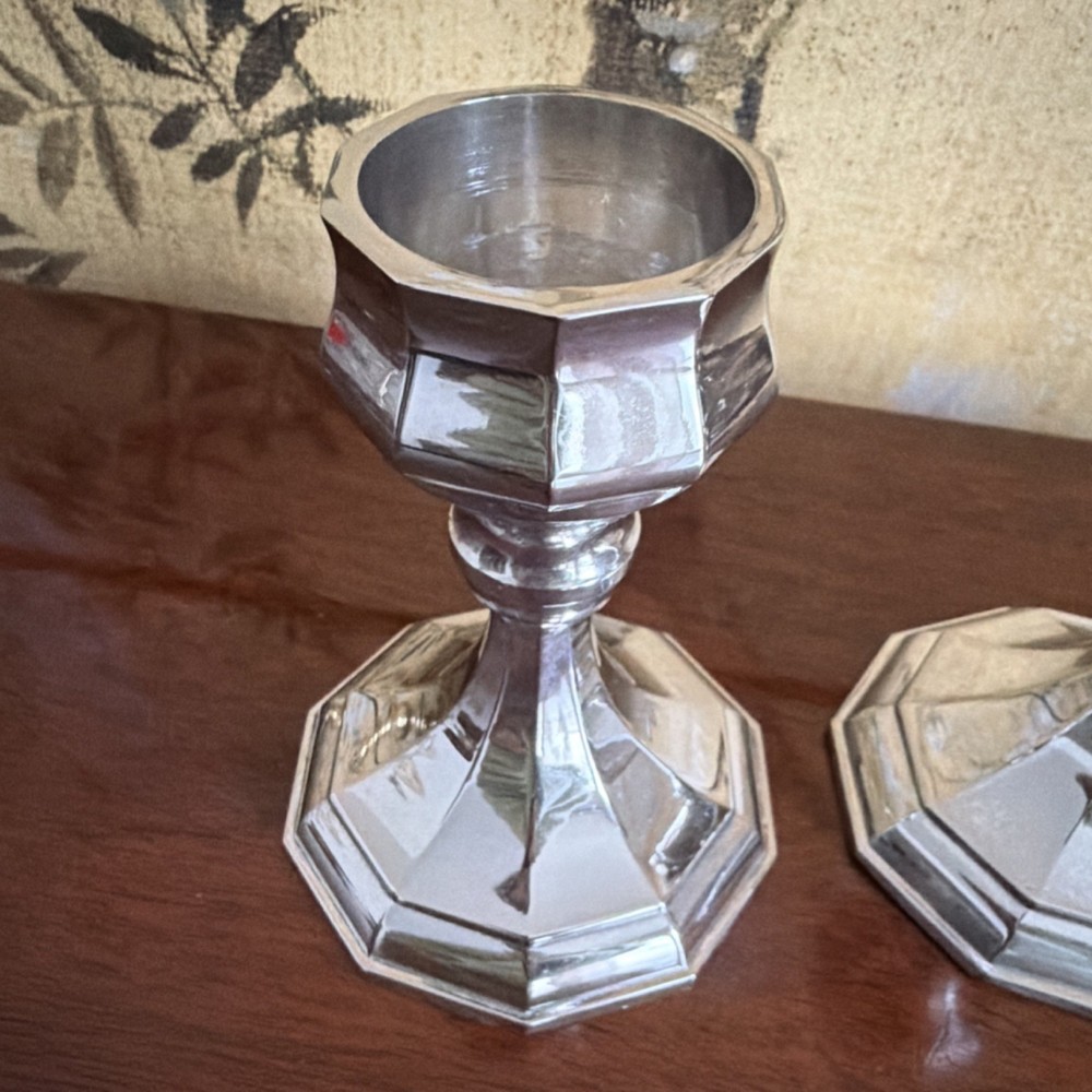 E. P. W. M. Sheffield Art Deco Silverplate Candlesticks Pair Octagonal Base