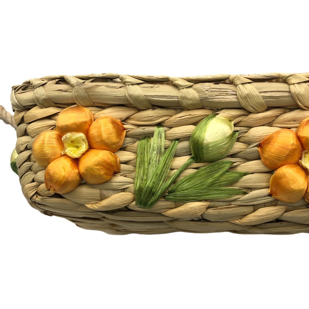 Vintage Handmade LINROSE Floral Rectangular Serving Basket Raffia Wicker
