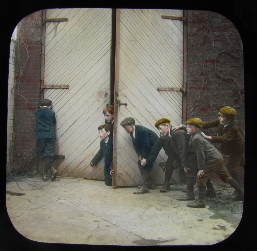 Glass Magic lantern slide VICTORIAN BOYS PLAYING HIDE & SEEK C1890