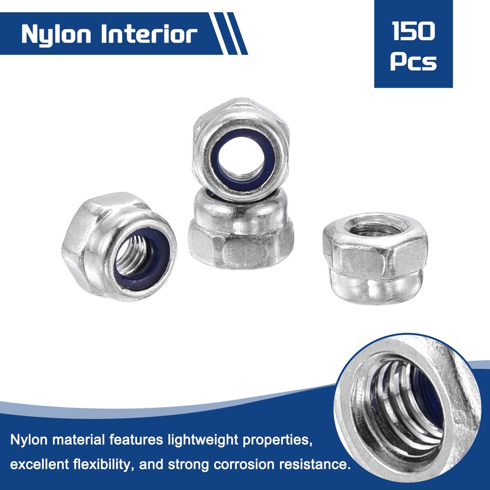 150Pcs Nylon Lock Hex Nuts - [M3-0.5], 304 Stainless Nuts, Silver