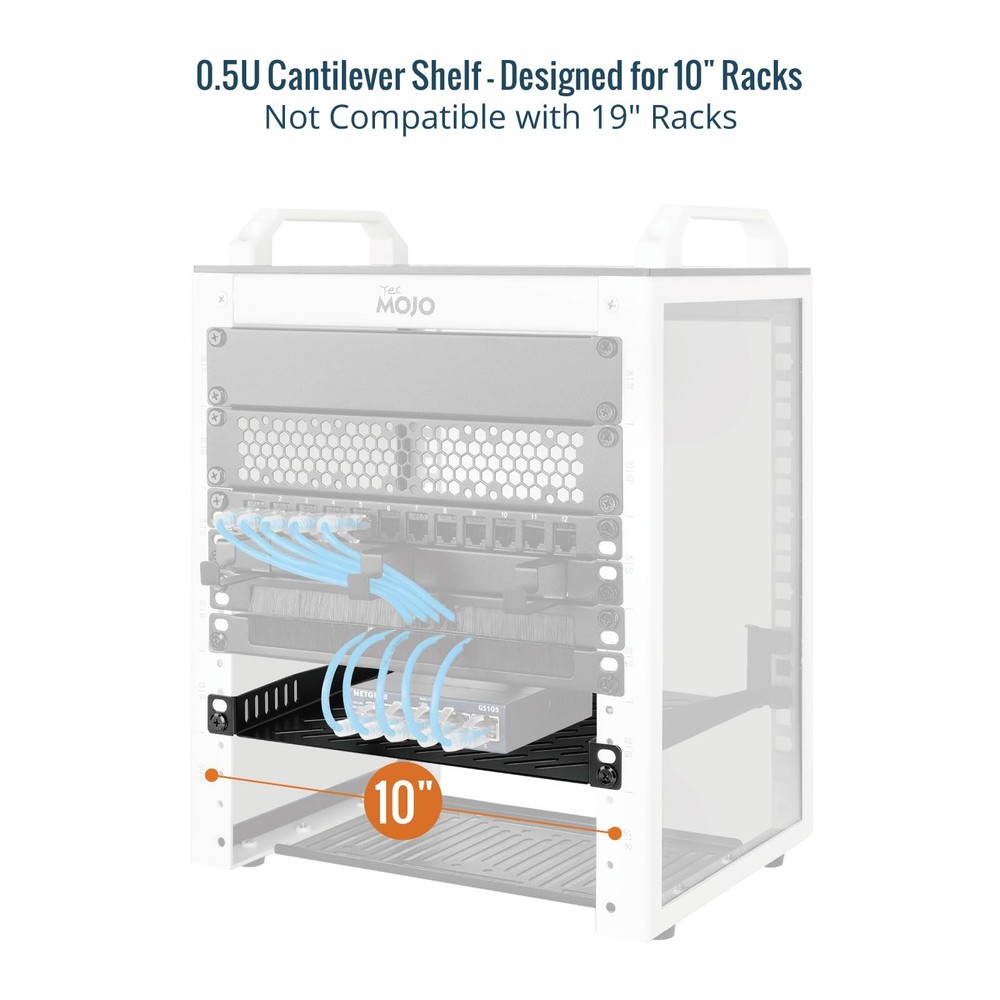 Tecmojo 0.5U Rack Mount Shelf for 10" Server Rack, 10.23" Deep 0.5U, Black