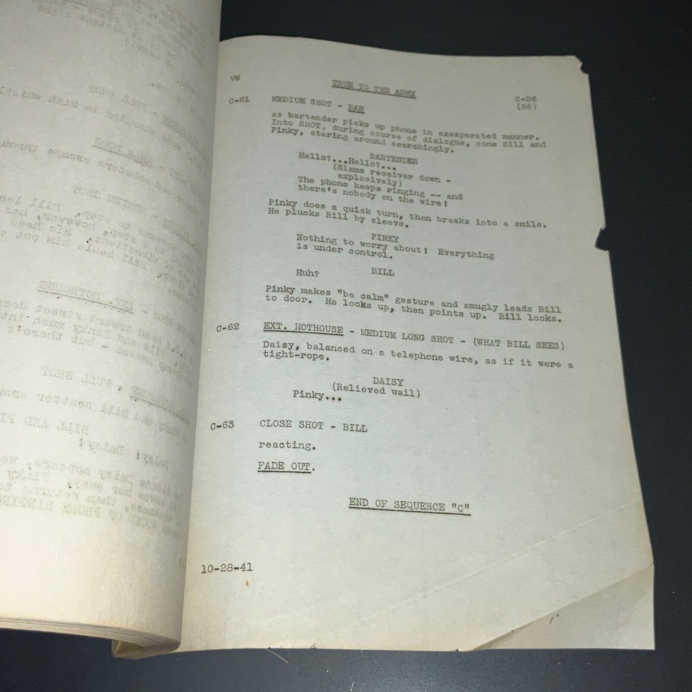 Original 1941 True to the Army Movie Script Paramount Sequence Drafts Archive CO