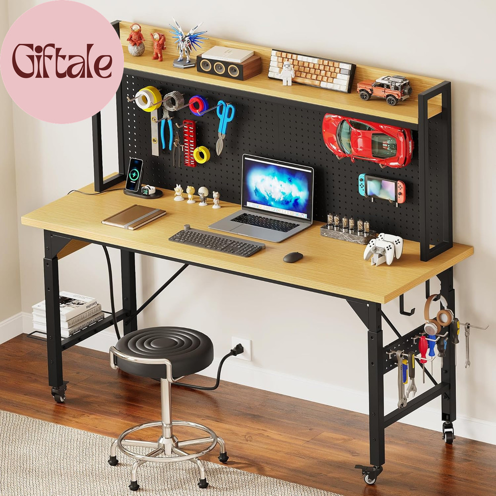 60" Adjustable Workbench with Pegboard, Heavy Duty Wood Top Work Bench with Whee