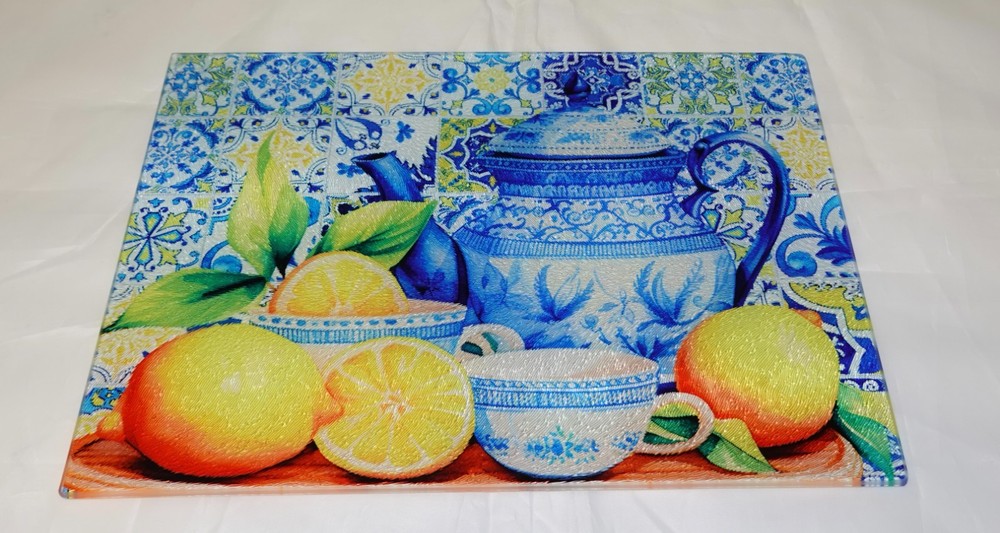 Mediterranean Lemon Tea Pot Glass Cutting Board - Unique Kitchen Decor Gift