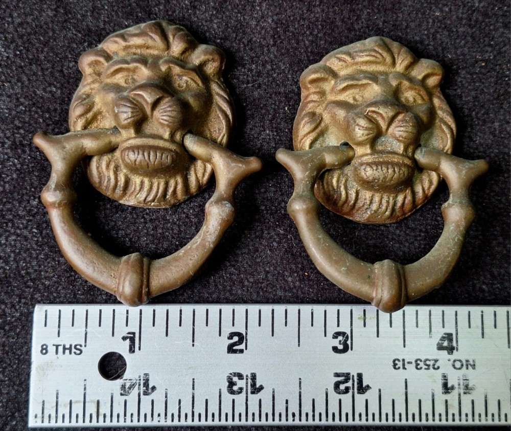 Antique Solid Brass Door Knocker Style Ring Drawer Pull with Lion's Face Pair