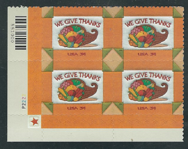 Scott #3546... 34 Cent....Thanksgiving... Plate Block