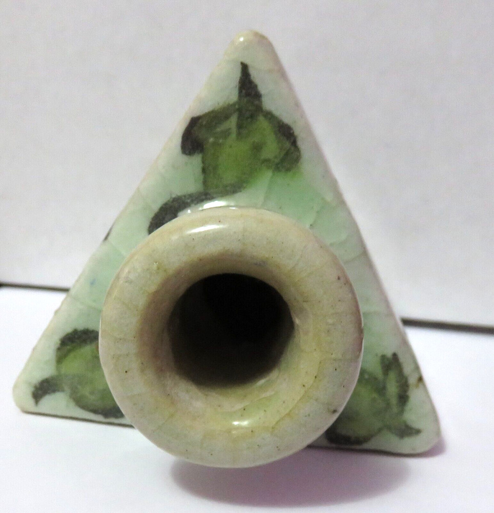 ANTIQUE HANDPAINTED STONEWARE TRIANGLE SHAPED BOTTLE