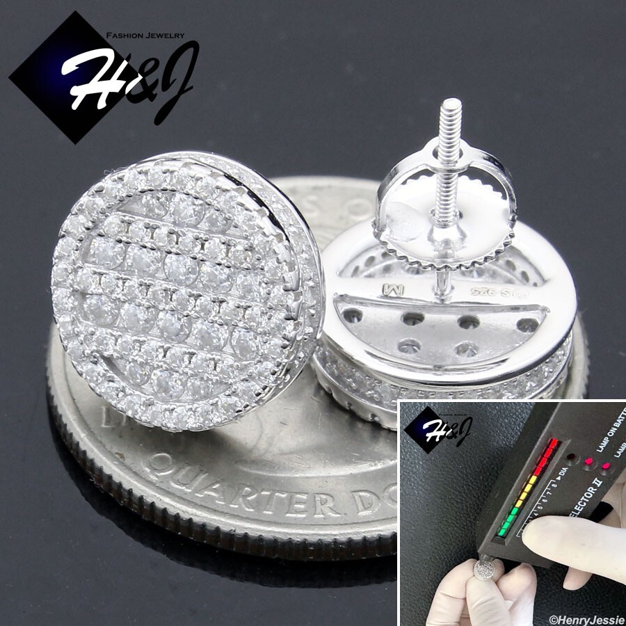 MEN SOLID 925 STERLING SILVER BLING MOISSANITE 11MM 3D ROUND STUD EARRING*ME281
