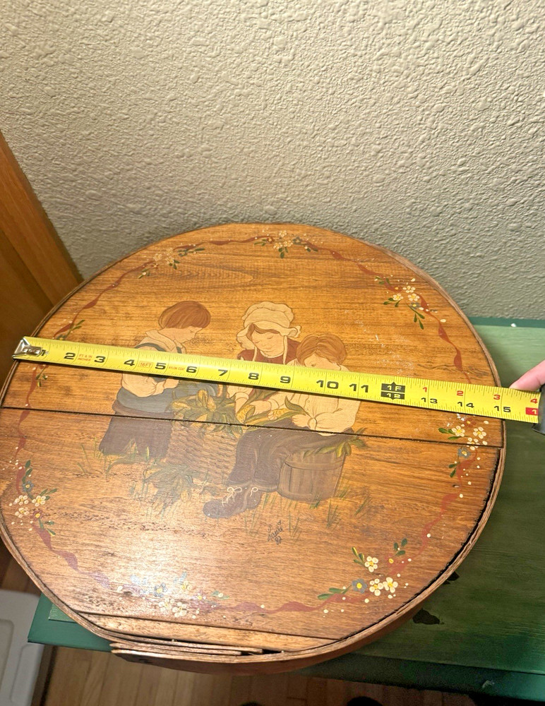 Vintage Large Round Sewing Box Painted Lid Padded Insert