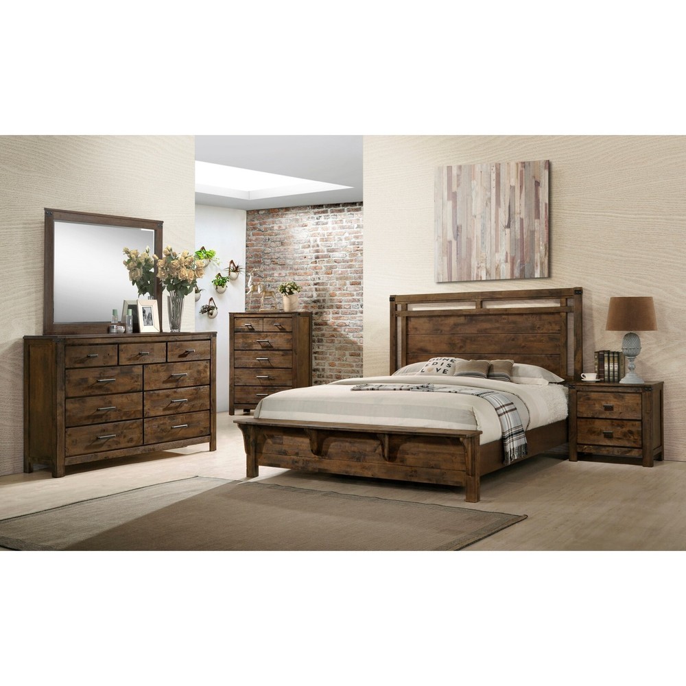 3pc Rustic Style Bedroom Set Brown King Panel Bed Chest Nightstand Solid Wood