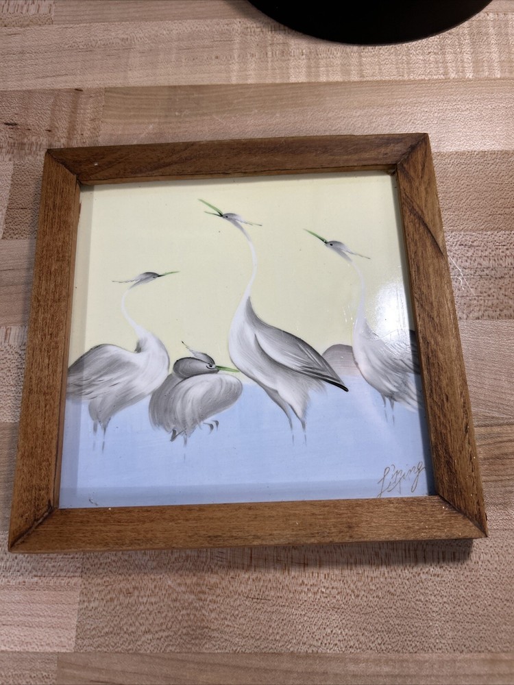 Vintage Art Tile Framed Signed Hand-Painted Cranes