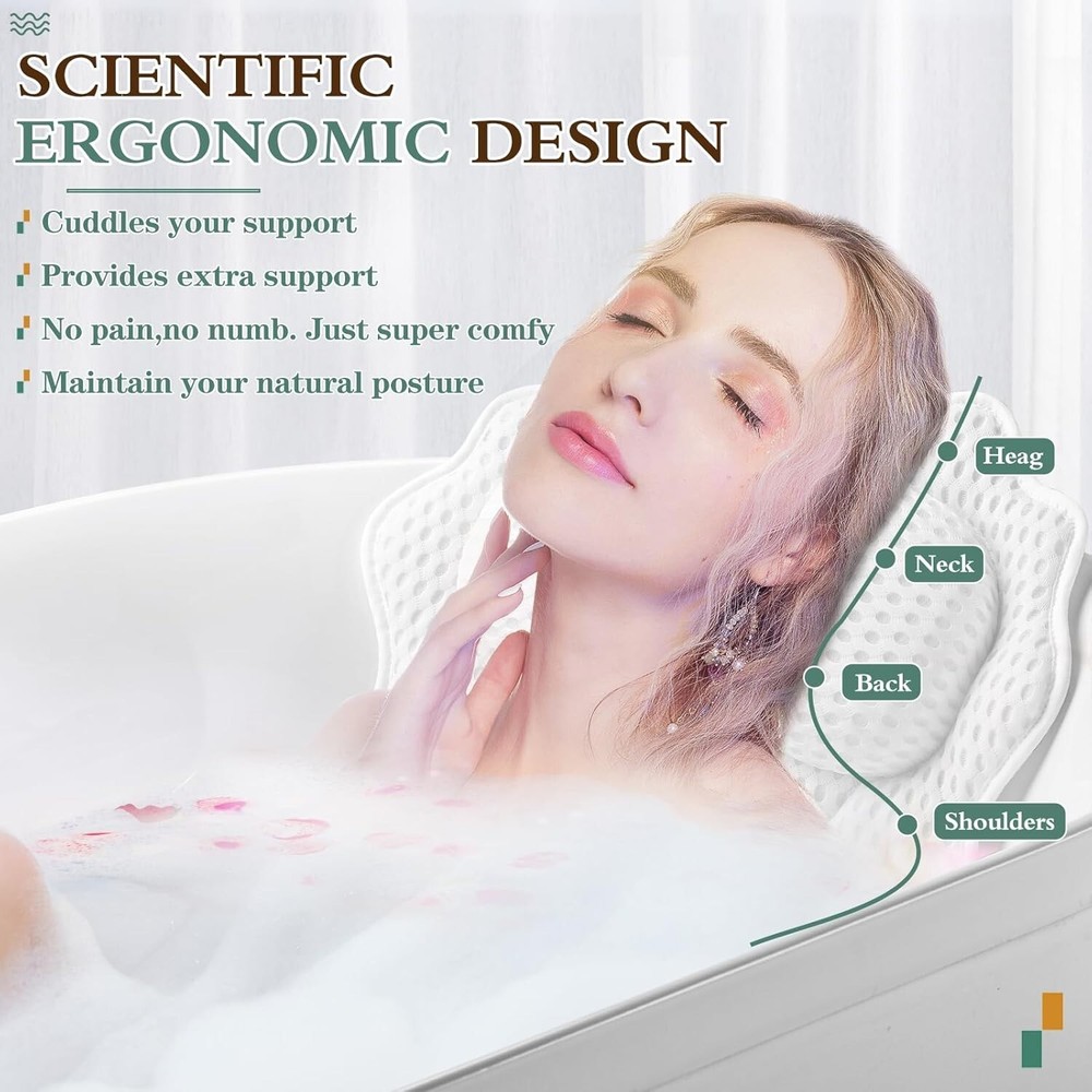 Soft Polyester Bath Pillow with 6 Strong Suction Cups - Enhances Spa Experience