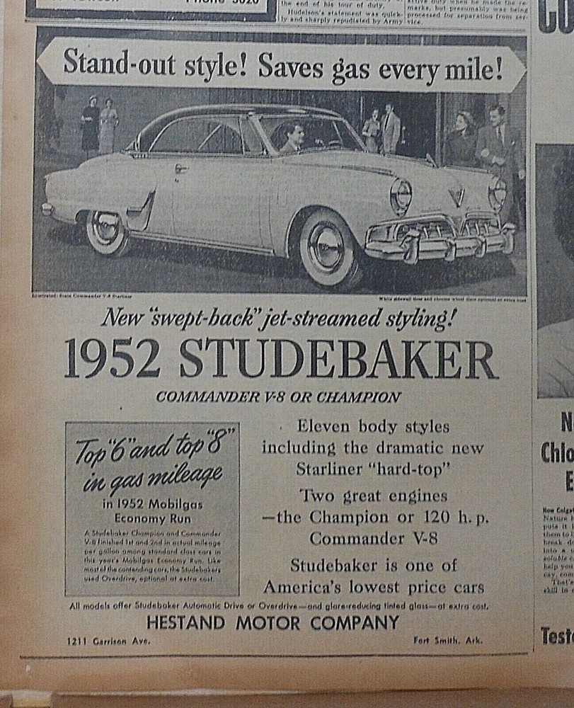 1952 newspaper ad for Studebaker - Standout style, State Commander Starliner