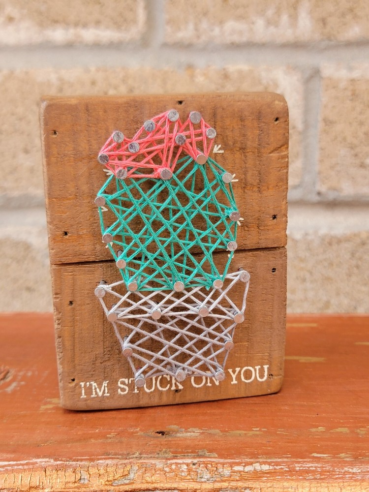 Cactus String Art On Rustic Wooden Frame Small For Wall Or Desk Succulent