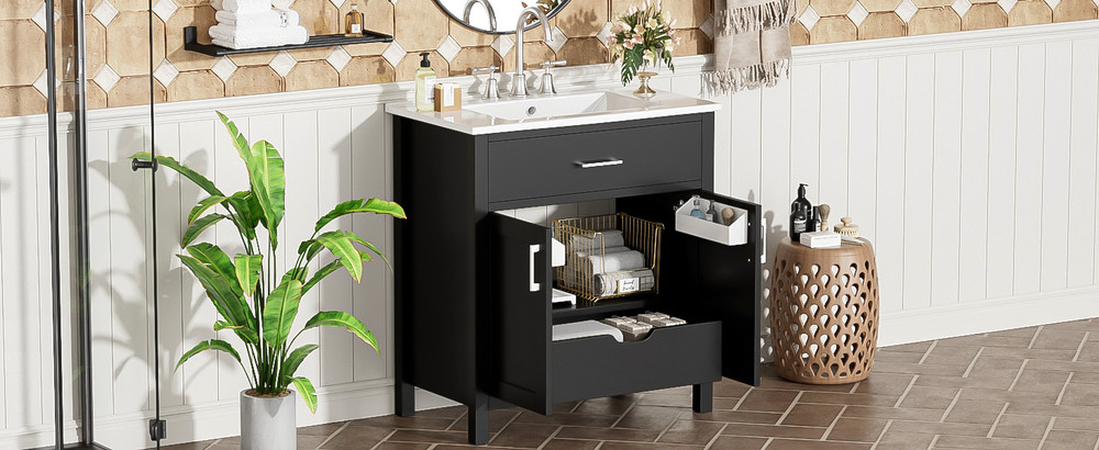 30-Inch Black Bathroom Vanity with Ceramic Sink and Ample Storage