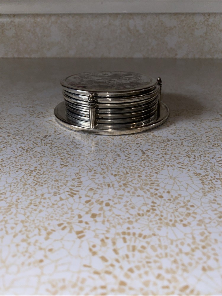 VTG 7 Pc Embossed Silver Plated Coaster Set, With Original Box