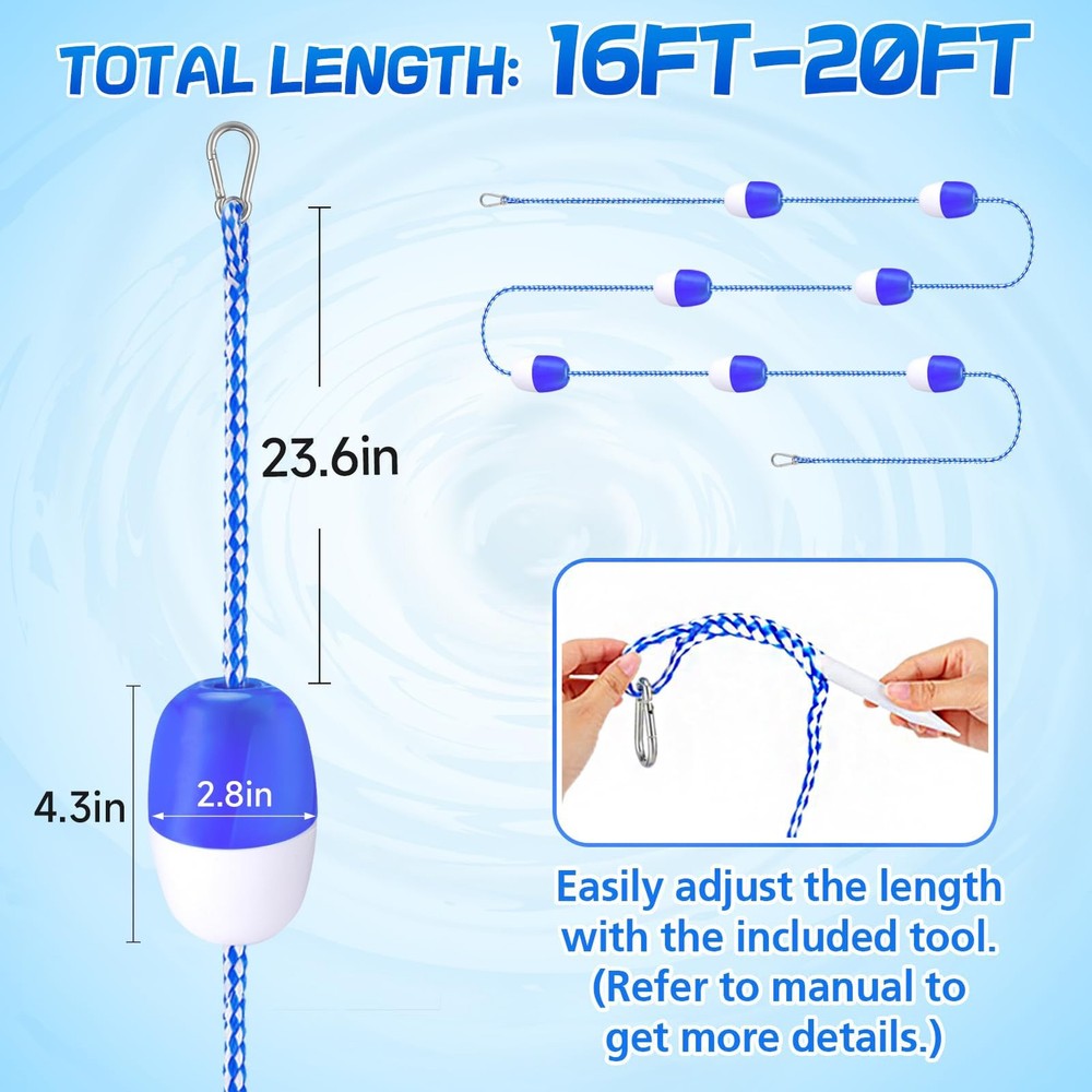 16ft -20ft Adjustable Pool Safety Rope with Floats, Floating Pool Divider-