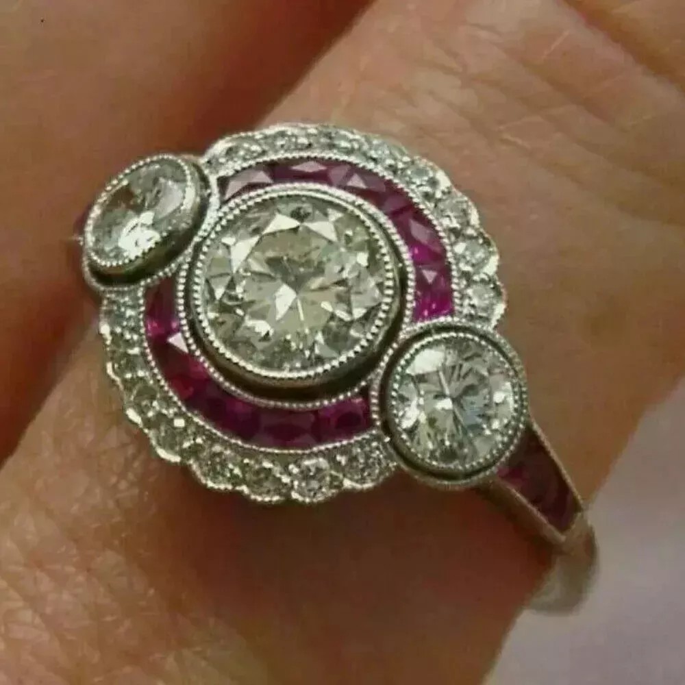 Art Deco Style Round Lab Created Diamond 14K White Gold FN Ruby Engagement Ring