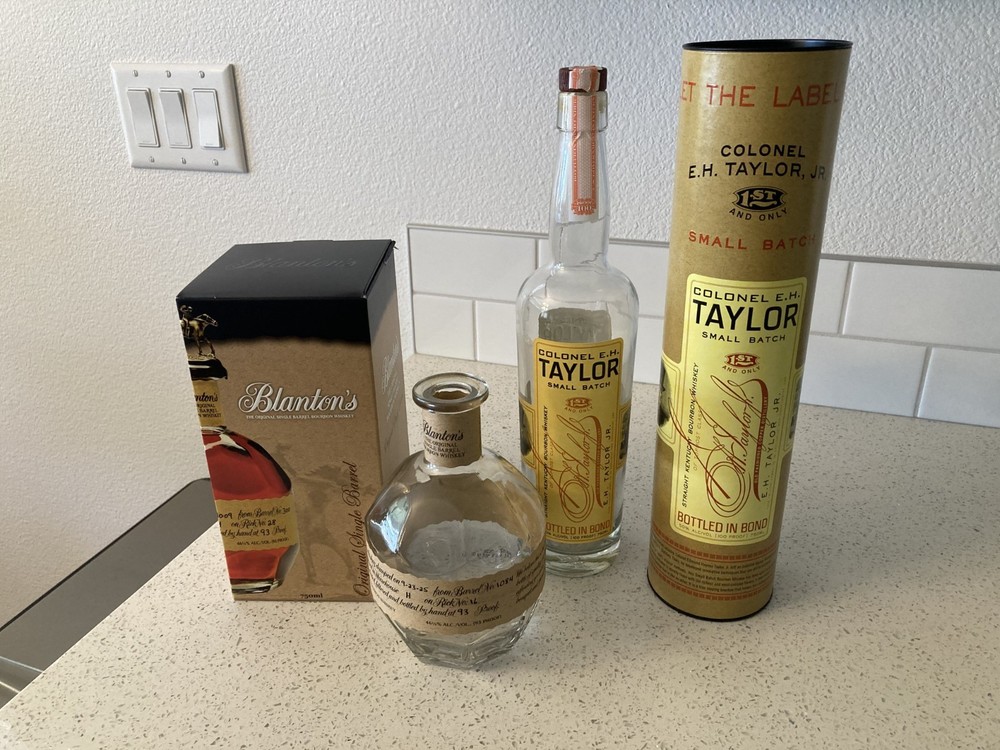 Empty collectible Blanton's & EH Taylor S Batch bottles w/box & Cylinder