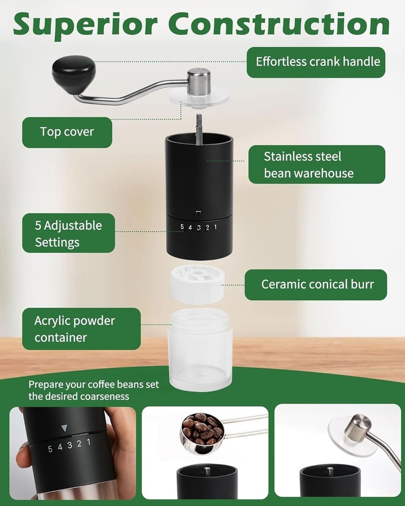 Quality Coffee Experience: Handheld Ceramic Burr Grinder for Any Brewing Method
