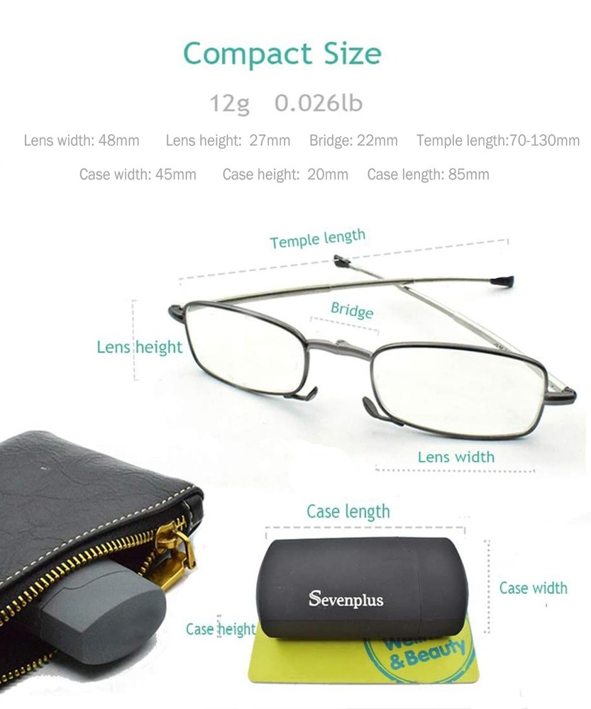 sevenplus 2 Pack Reading Glasses Blue Light Blocking, Anti UV Glare, Foldable...
