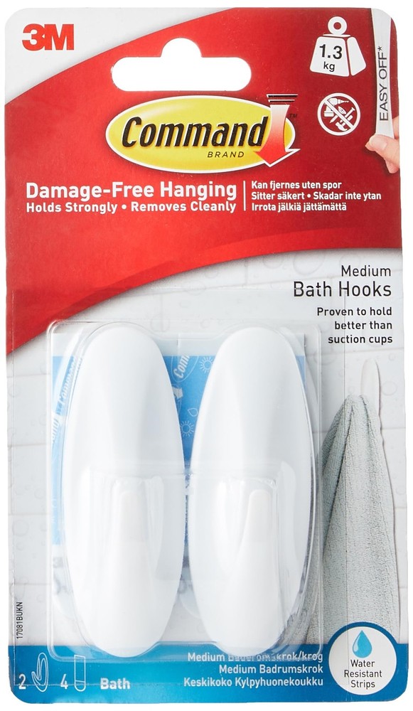 Command Designer Bath Hooks, Medium, White, 2-Hooks with White