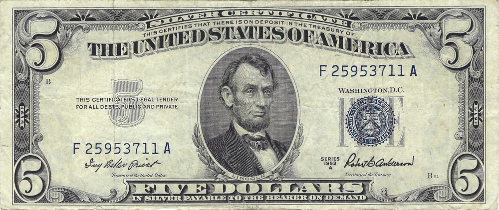 1953-A $5 Small Size Silver Certificate, Circulated